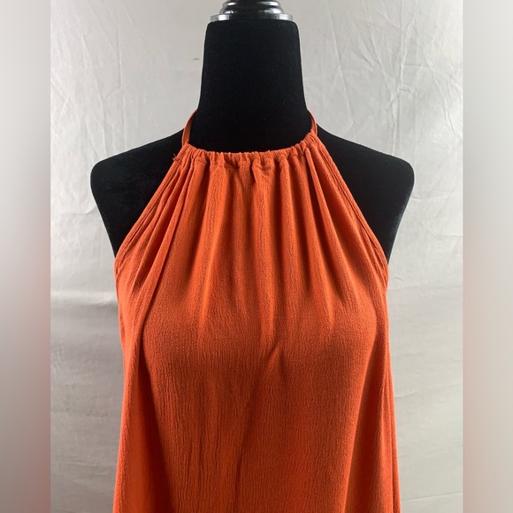 Rust Ruffle Hem Tie Low Back Halter Dress - Picture 8 of 9